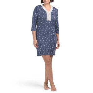 MISS ELAINE Blue Quarter Sleeve V-neck Floral Nightgown